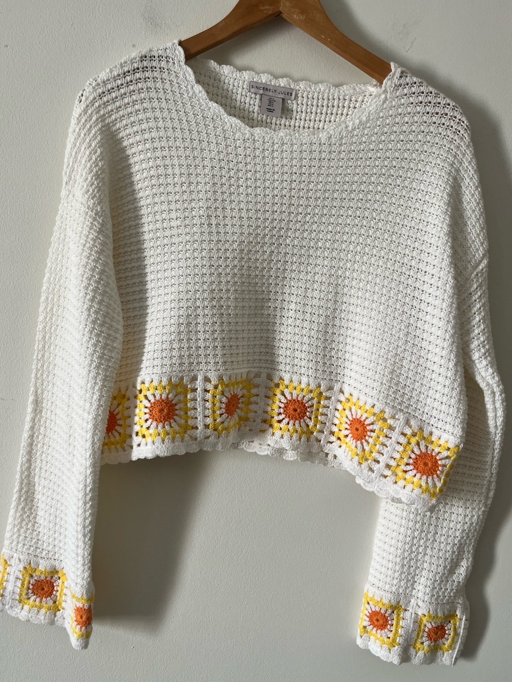 Sincerely Jules White Granny Square Crop Sweater Boho Festival Retro Large